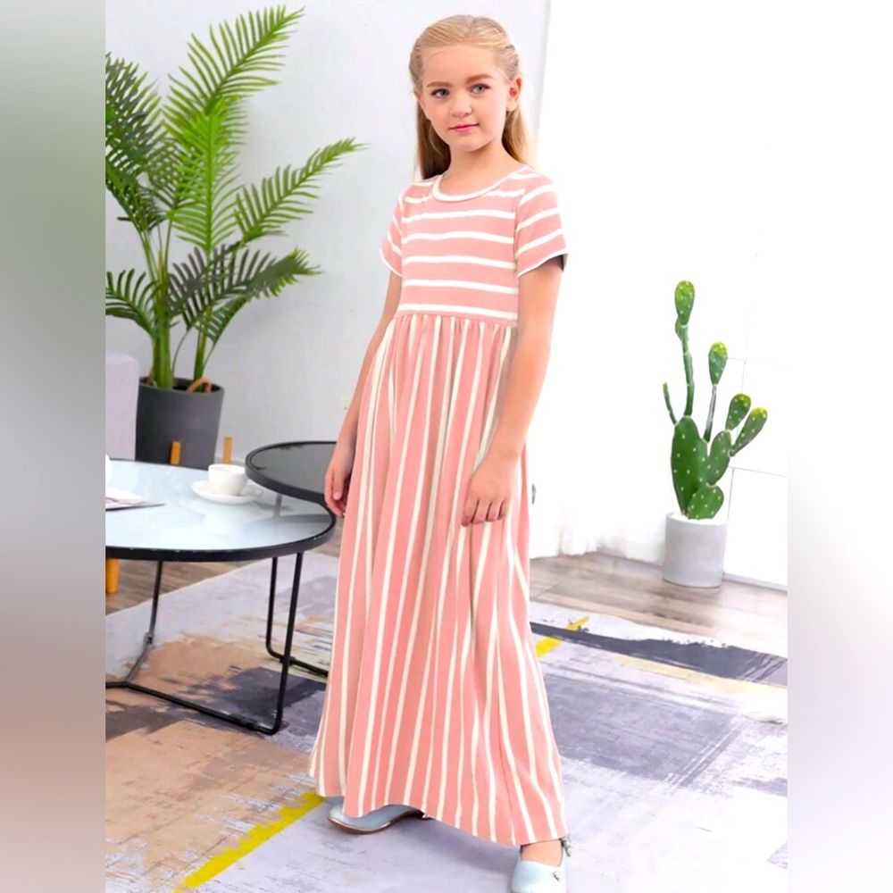Girl Casual Loose Short Sleeve Striped Dresss